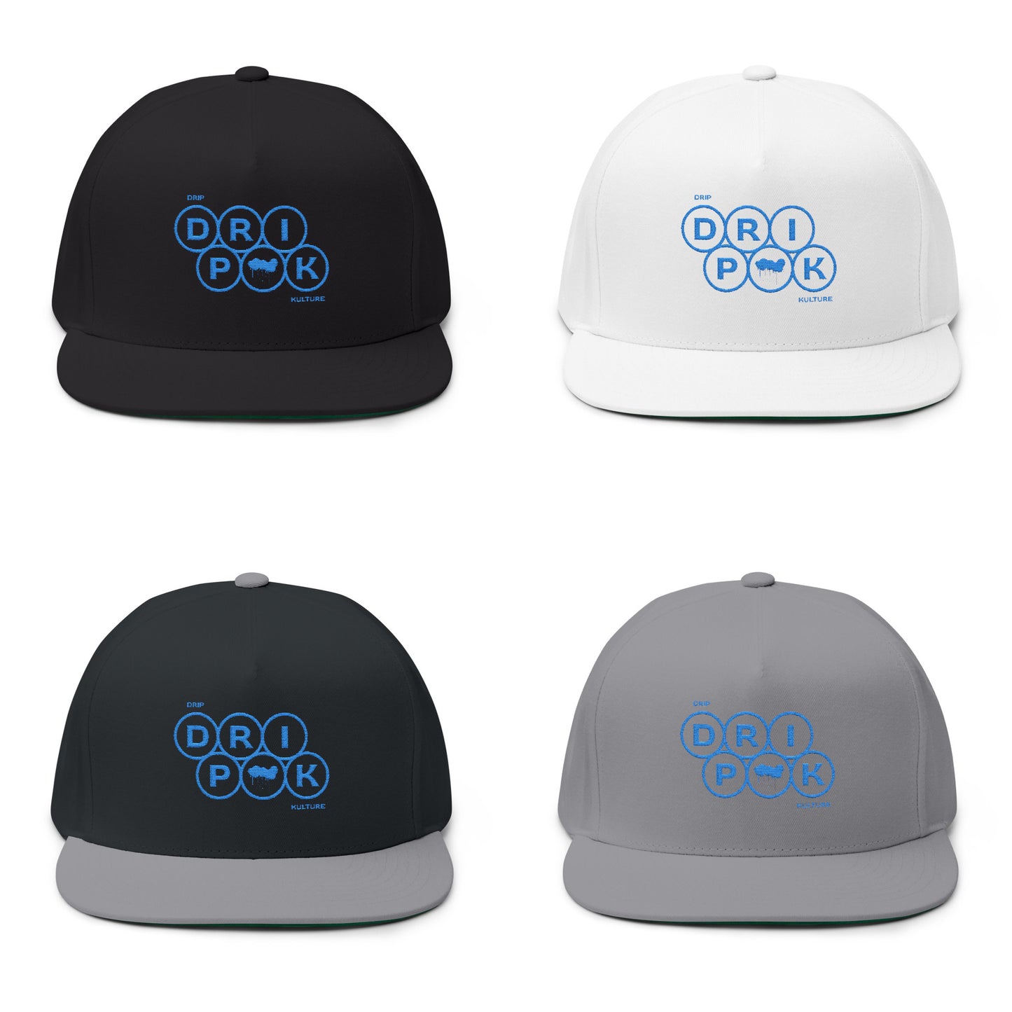Blue Circle Drip Kulture Flat Bill Hat Embroidery - Multiple Colors